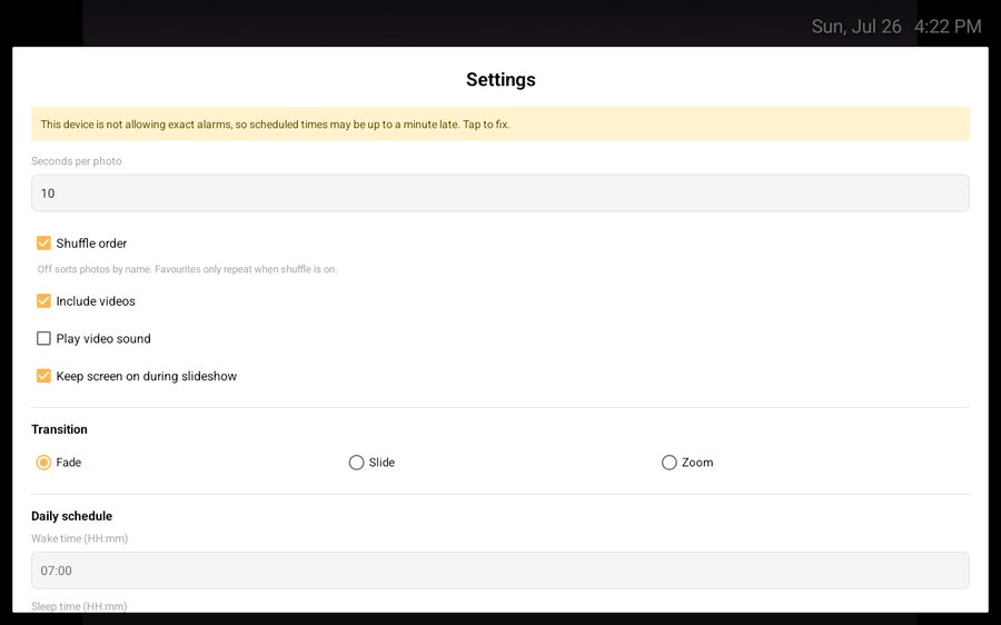 The settings screen with interval, shuffle, transition and schedule options